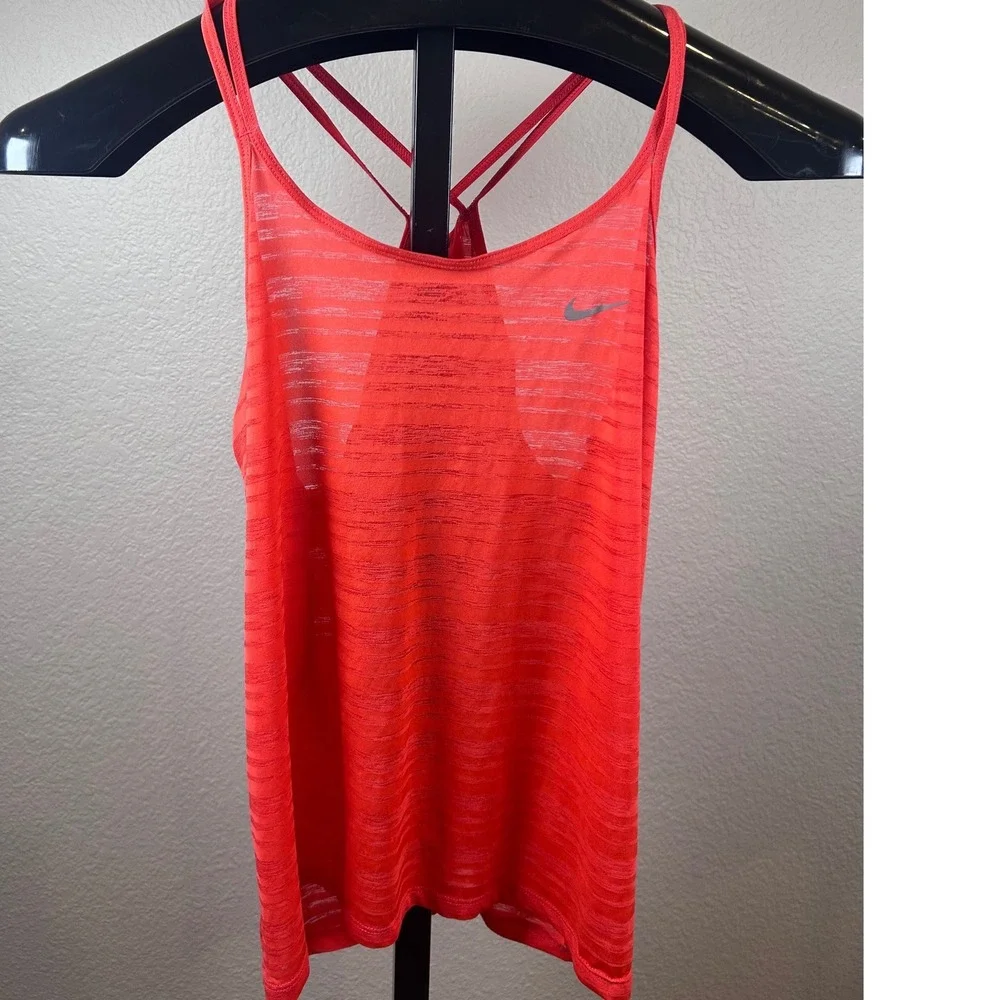 Nike Womens Dri-FIT Strappy Back Burnout Stripe Training Tank Top Orange Small